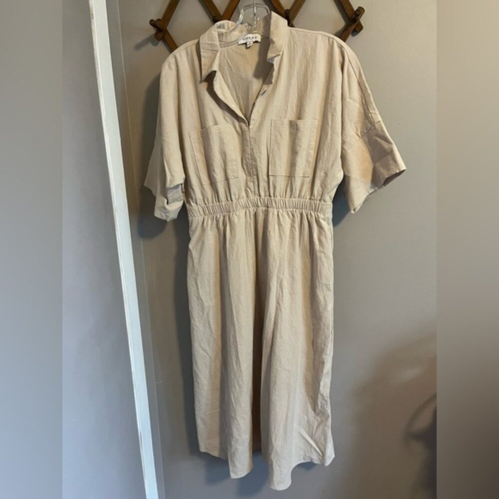 Gilli midi oatmeal minimalist neutral cotton dress M summer days Cottagecore